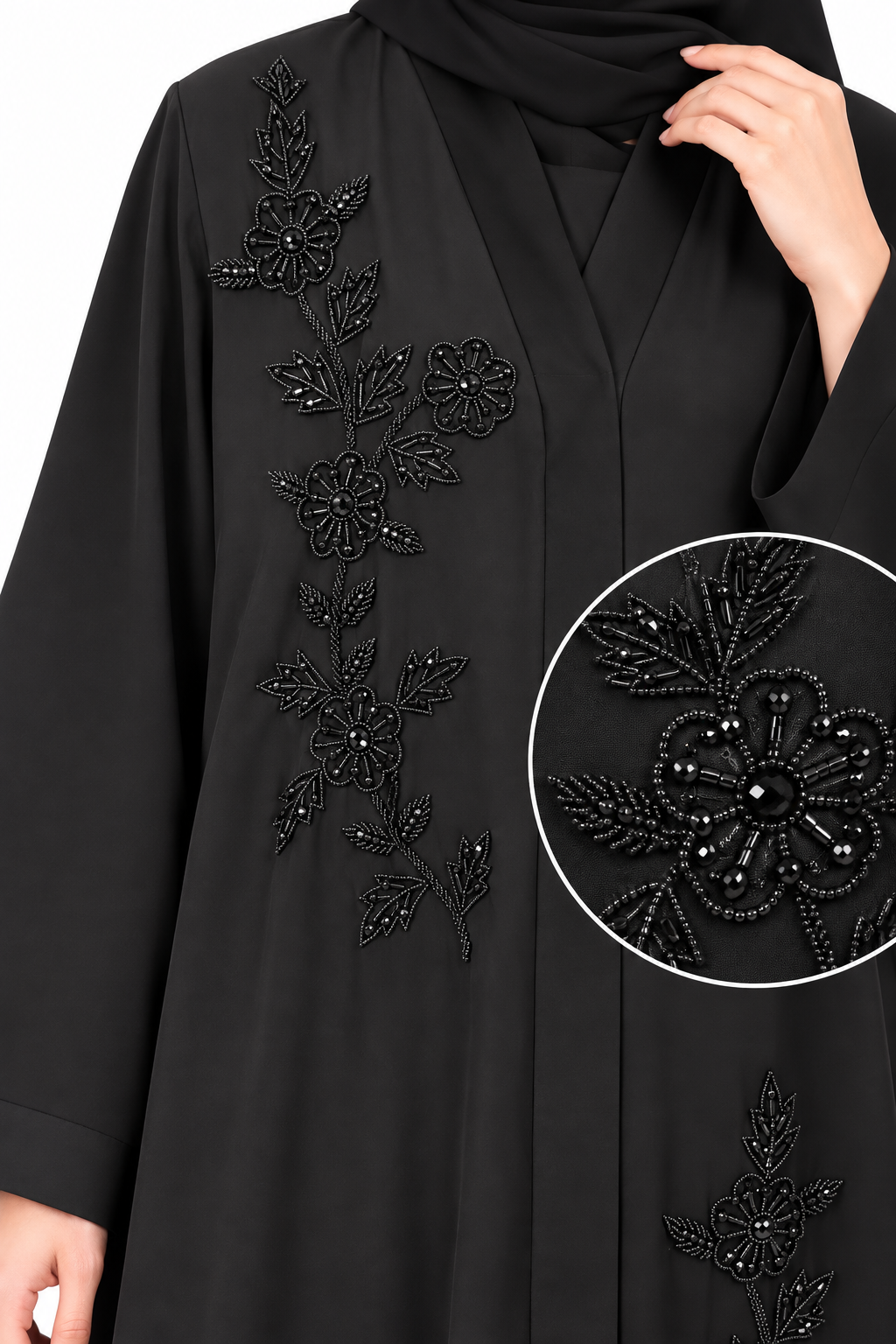 Black Floral Beaded Embroidery Abaya | Elegant Front Open Modest Wear