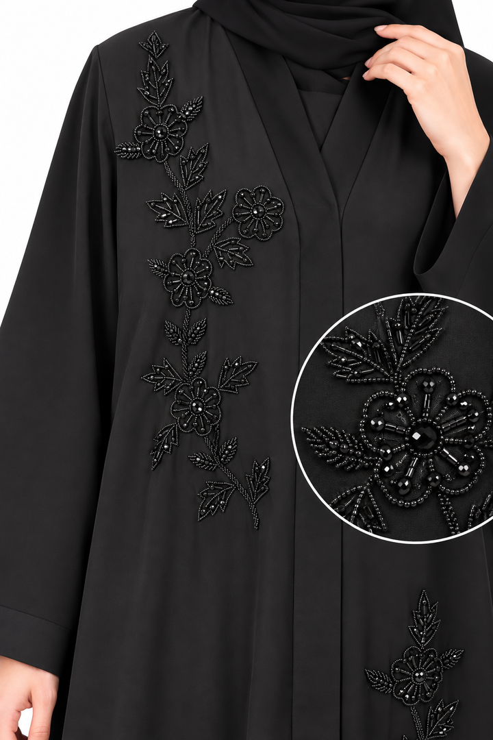Black Floral Beaded Embroidery Abaya | Elegant Front Open Modest Wear
