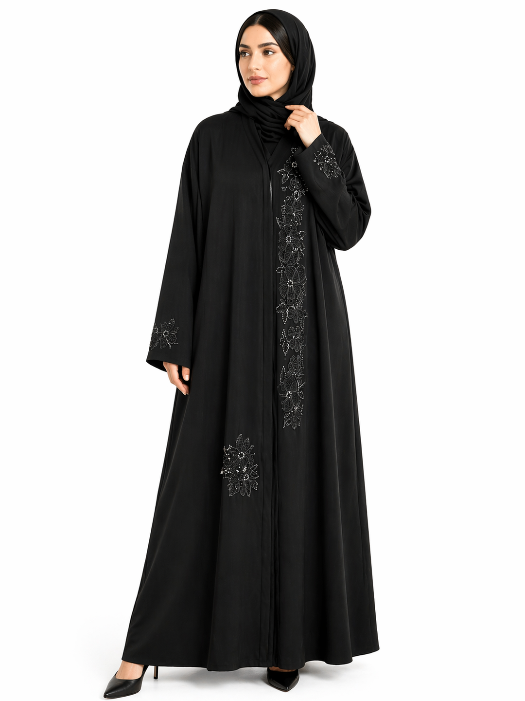 Luxury Black Side Panel Embroidered Abaya (Without Dupatta) | Handcrafted Beaded Designer Abaya for Women | Premium Modest Wear