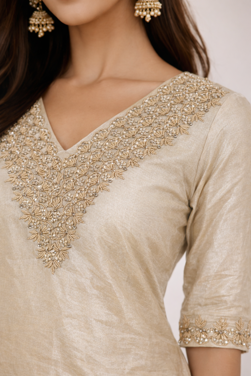 Luxury Off-White Silk Kurti Set with Heavy Handwork Embroidered V-Neck | Gold Pearl Beaded Work | Festive & Party Wear Ethnic Suit for Women