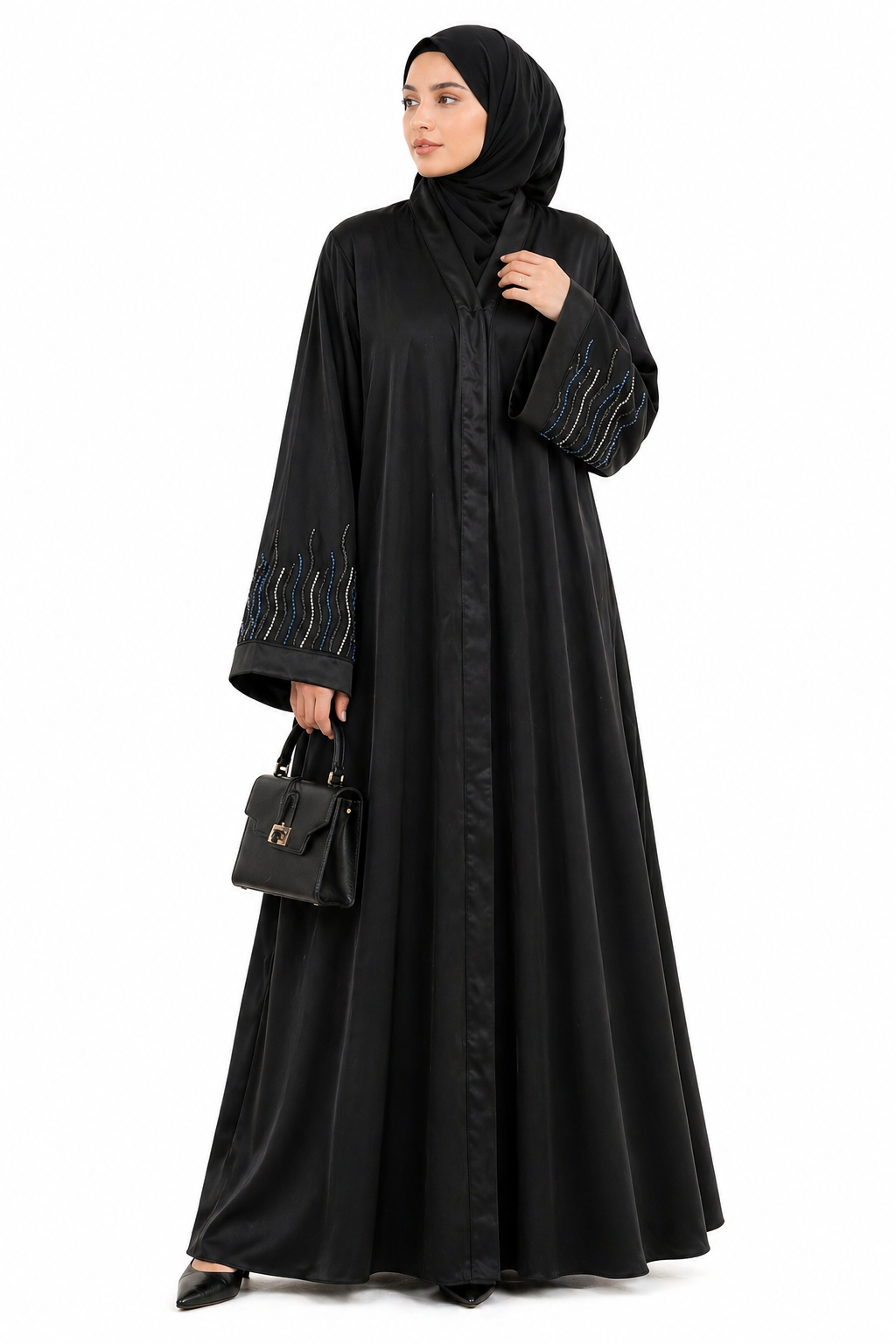 Black Katri Nida Abaya with Wave Handwork Sleeves | Modern Front Open Modest Wear – RTFACTS