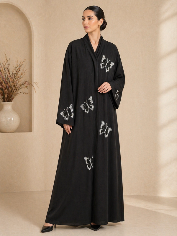 Luxury Black Butterfly Embroidered Abaya (Without Dupatta) | Designer Beaded Abaya for Women | Elegant Modest Wear