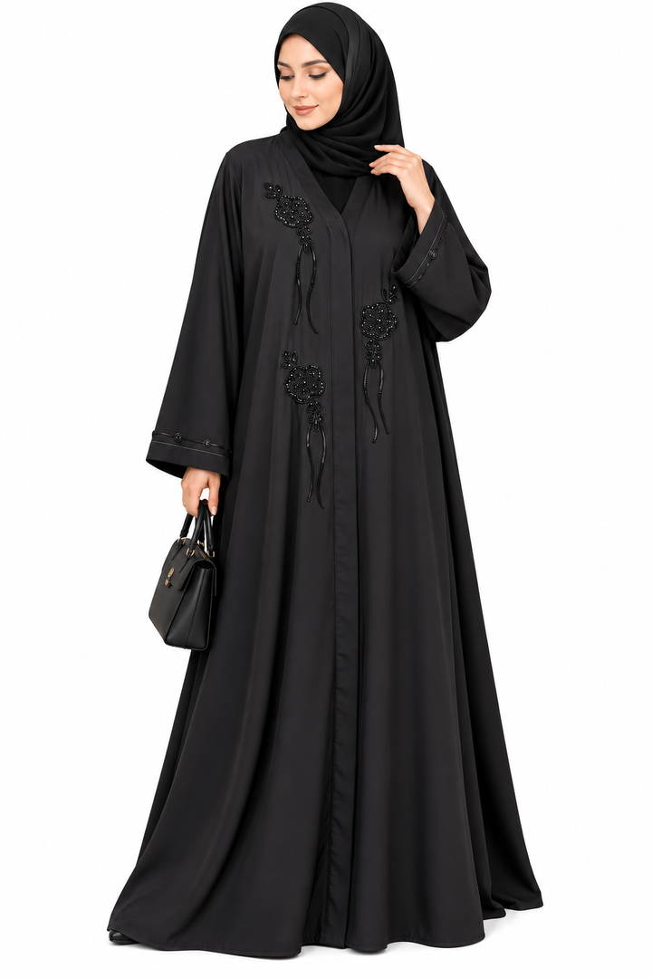Black Nida Floral Beaded Abaya | Handmade