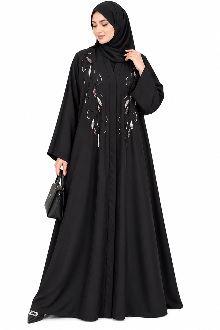 Luxury Black Nida Fabric Leaf Beaded Handwork Abaya