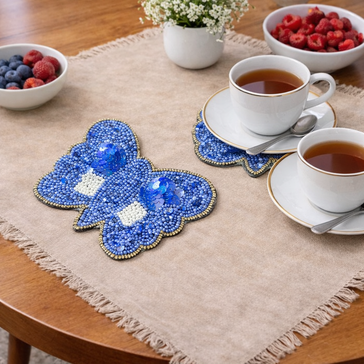 Handcrafted Blue Butterfly Beaded Coasters Set | Premium Table & Tea Coasters | Decorative Home Décor