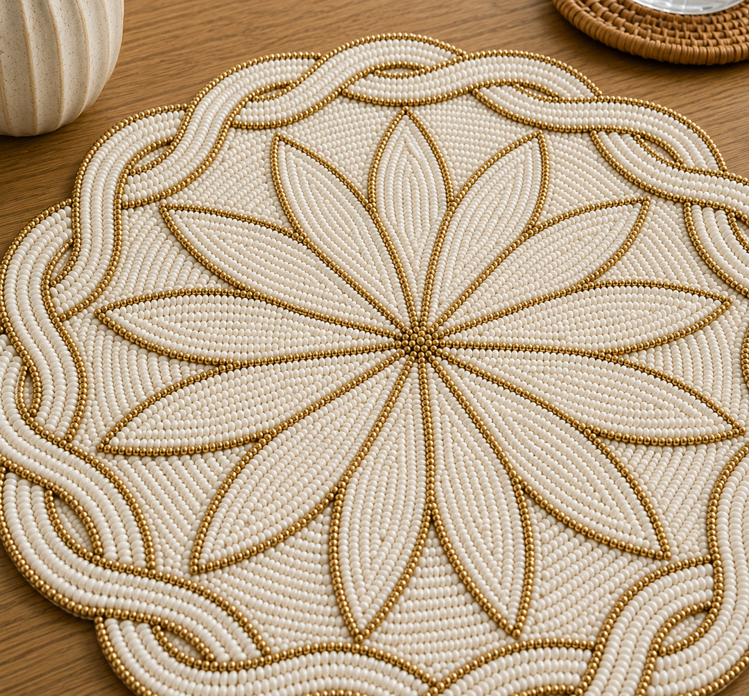 Handmade Ivory &amp; Gold Floral Beaded Placemat | Elegant Round Dining Table Mat