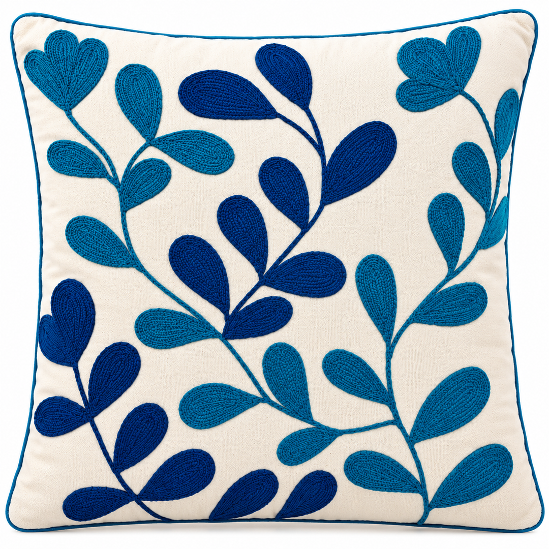 Handmade Embroidered Blue Leaf Cushion Cover 16×16 Inch | Teal &amp; Navy Botanical Decorative Pillow for Sofa &amp; Home Decor