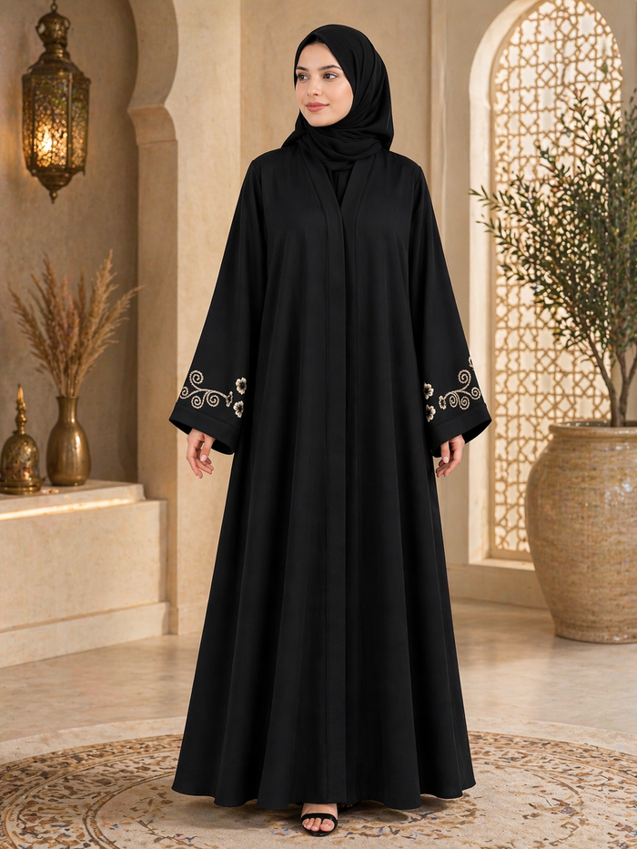 Elegant Black Abaya with Sleeve Floral Embroidery | Imported Zoom Fabric | Premium Modest Wear by RTFACTS