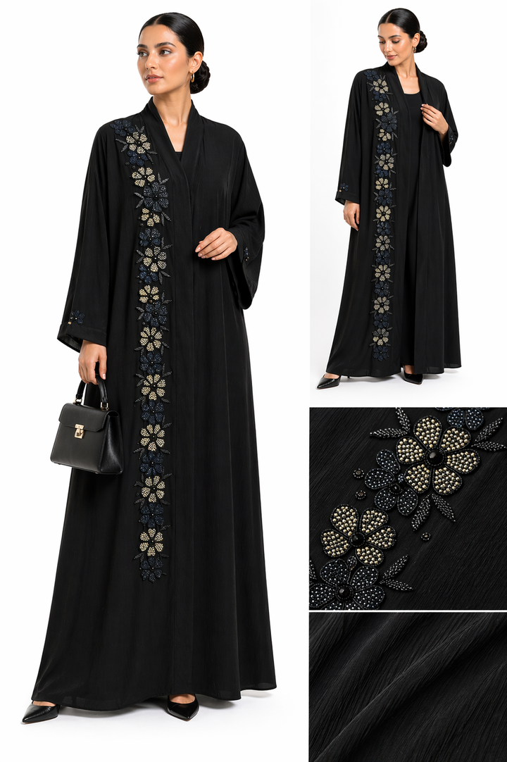 Luxury Black Floral Embroidered Abaya (Without Dupatta) | Hand Beaded Designer Abaya for Women | Elegant Modest Wear
