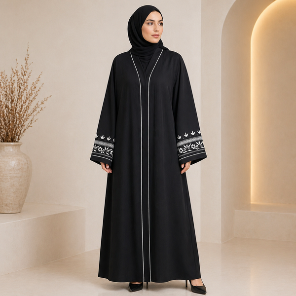 Elegant Black Abaya with White Embroidered Sleeves – Premium Zoom Fabric