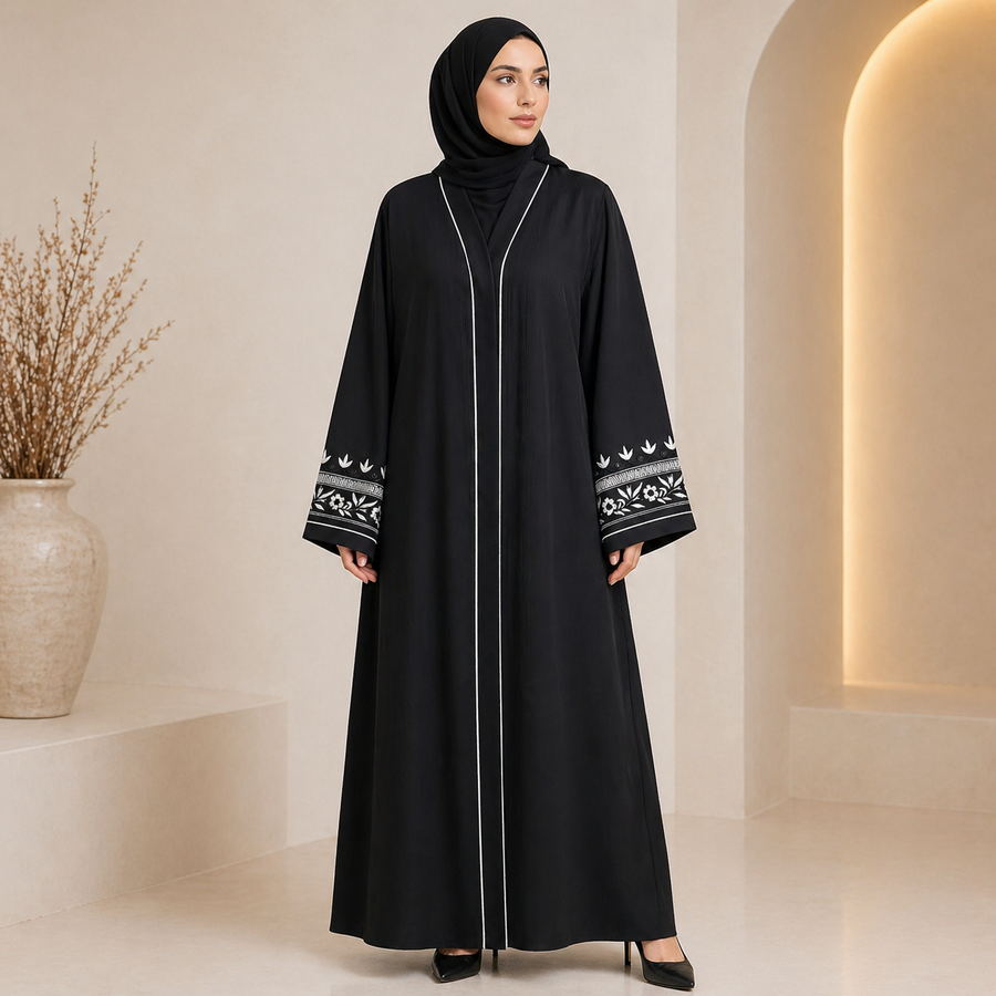 Elegant Black Abaya with White Embroidered Sleeves – Premium Zoom Fabric