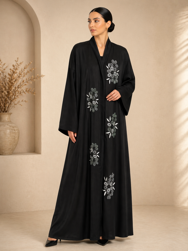 Premium Black Floral Embroidered Abaya (Without Dupatta) Handcrafted Beaded Designer Abaya for Women | Elegant Modest Wear