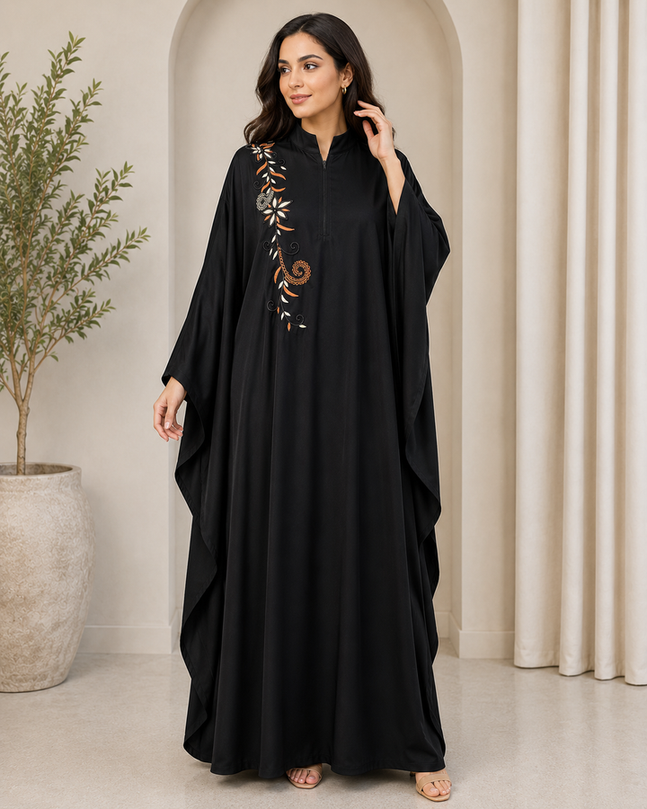 Elegant Black Embroidered Kaftan Abaya for Women | Premium Firdous Fabric | Modest Party Wear | Without Dupatta
