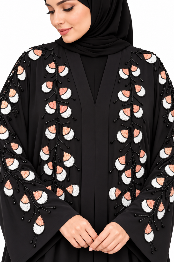 Black Peach &amp; White Floral Handwork Abaya | Front Open Embroidered Abaya