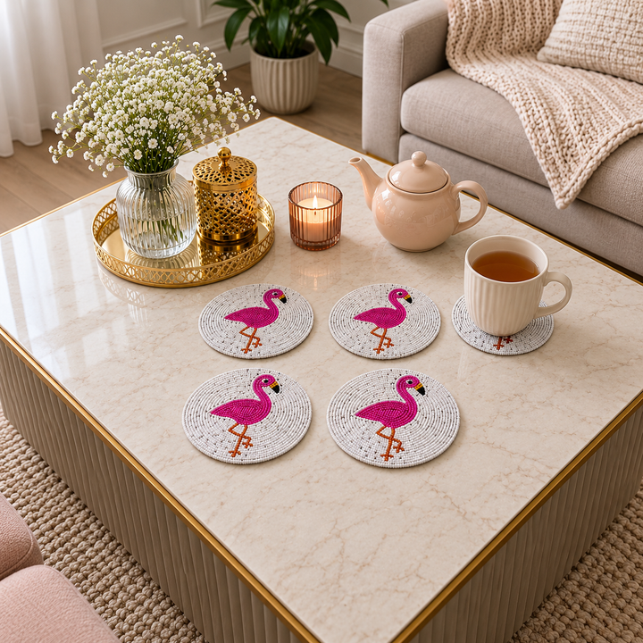 Pink Flamingo Beaded Coaster Set of 4