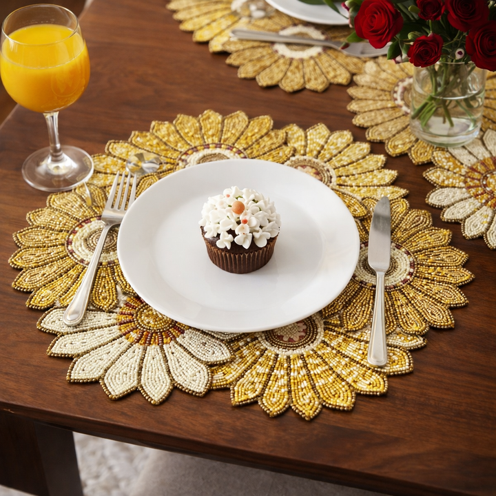 Luxury Handcrafted Beaded Sunflower Placemat Set – 6 Table Decor for Dining Table