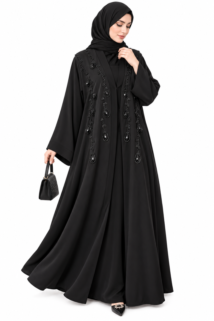 Elegant Black Handwork Abaya for Women | Premium Embellished Front Design