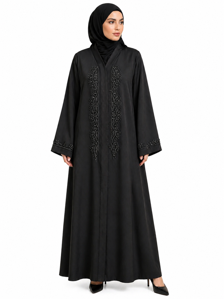 Elegant Black Zoom Fabric Abaya with Intricate Handwork – Front Panel Embroidery | Without Dupatta
