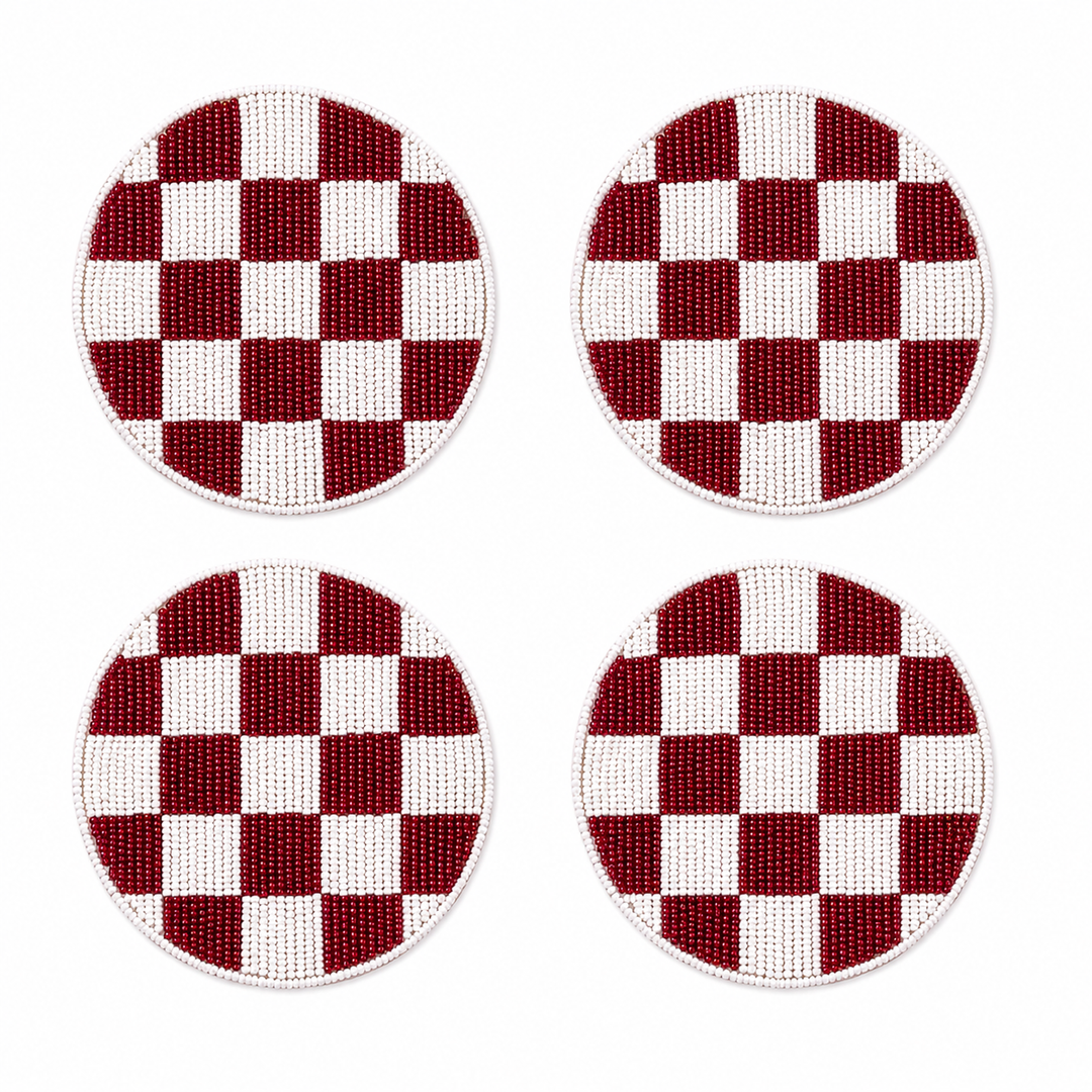 Red White Beaded Checkered Coaster Set of 4