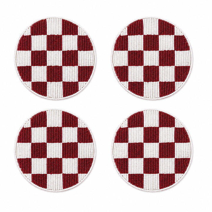 Red White Beaded Checkered Coaster Set of 4