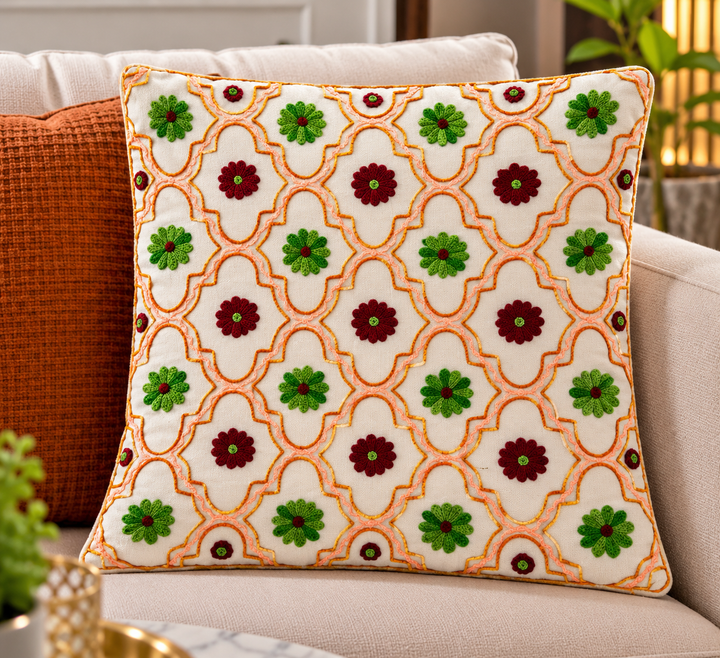 Handmade Embroidered Floral Cushion Cover 16×16 Inch | Green &amp; Burgundy Flower Pattern Decorative Pillow for Sofa &amp; Home Decor