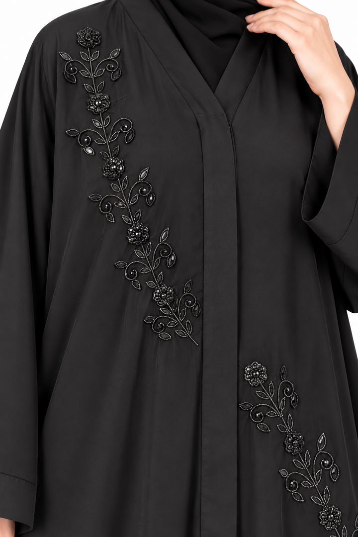 Luxury Black Nida Abaya with Elegant Floral Handwork