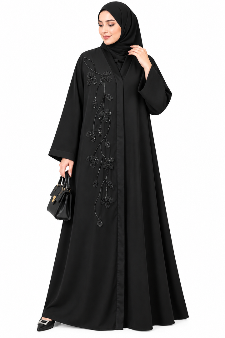 Black Nida Fabric Hand Beaded Embroidery Abaya | Elegant Open Front Islamic Abaya