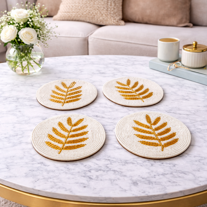 Gold Leaf Beaded Coaster Set of 4 – Luxurious Handmade Decor | RTFACTS