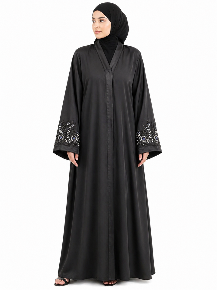 Black Katri Nida Abaya with Floral Handwork Sleeves | Front Open Elegant Modest Wear – RTFACTS