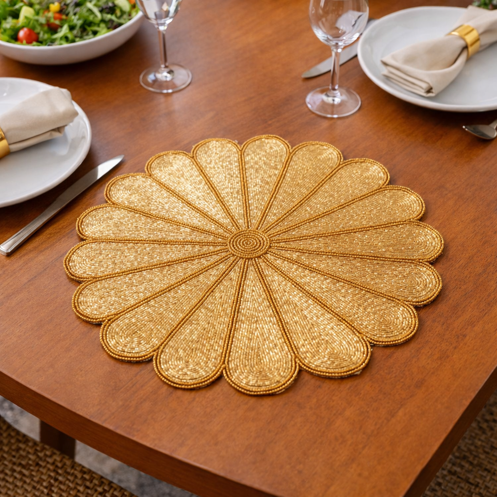 Ivory Flower Beaded Placemat – 13” Handmade Table Decor