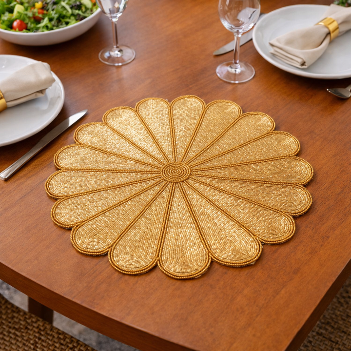 Ivory Flower Beaded Placemat – 13” Handmade Table Decor