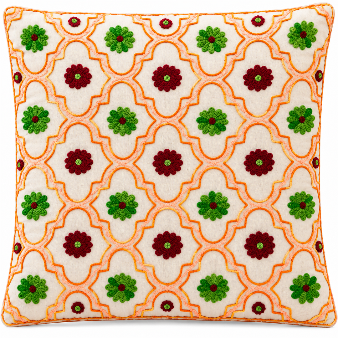 Handmade Embroidered Floral Cushion Cover 16×16 Inch | Green &amp; Burgundy Flower Pattern Decorative Pillow for Sofa &amp; Home Decor