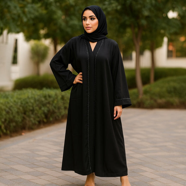 Women Designer Black Abaya | Front Open Style | Zoom Fabric | Modest Party Wear