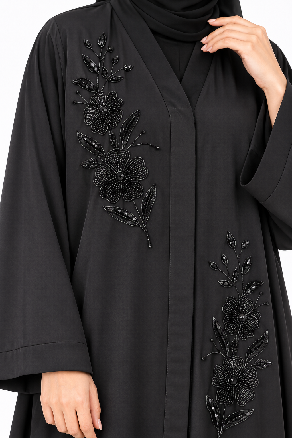 Luxury Black Nida Fabric Floral Handwork Abaya