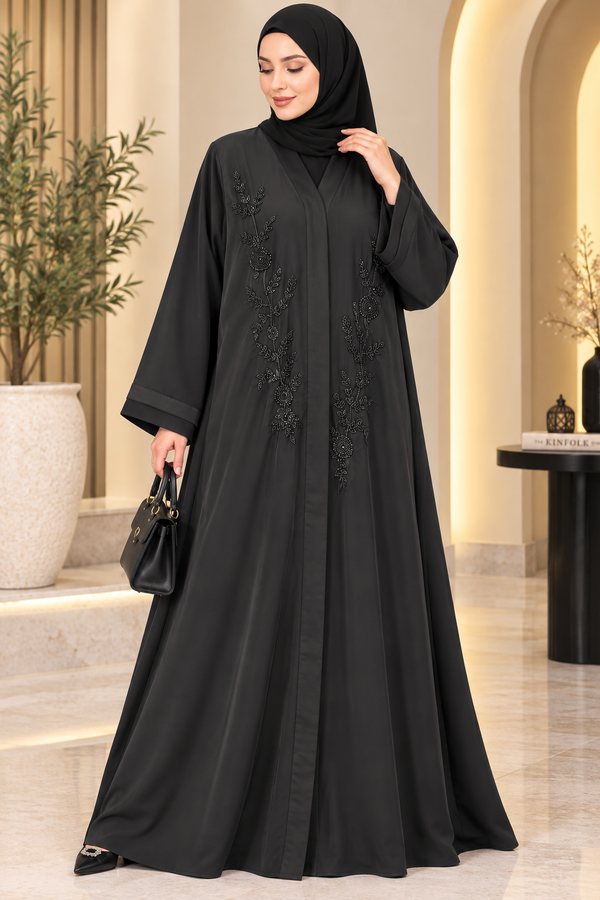 Luxury Black Nida Fabric Handwork Abaya – Elegant Floral