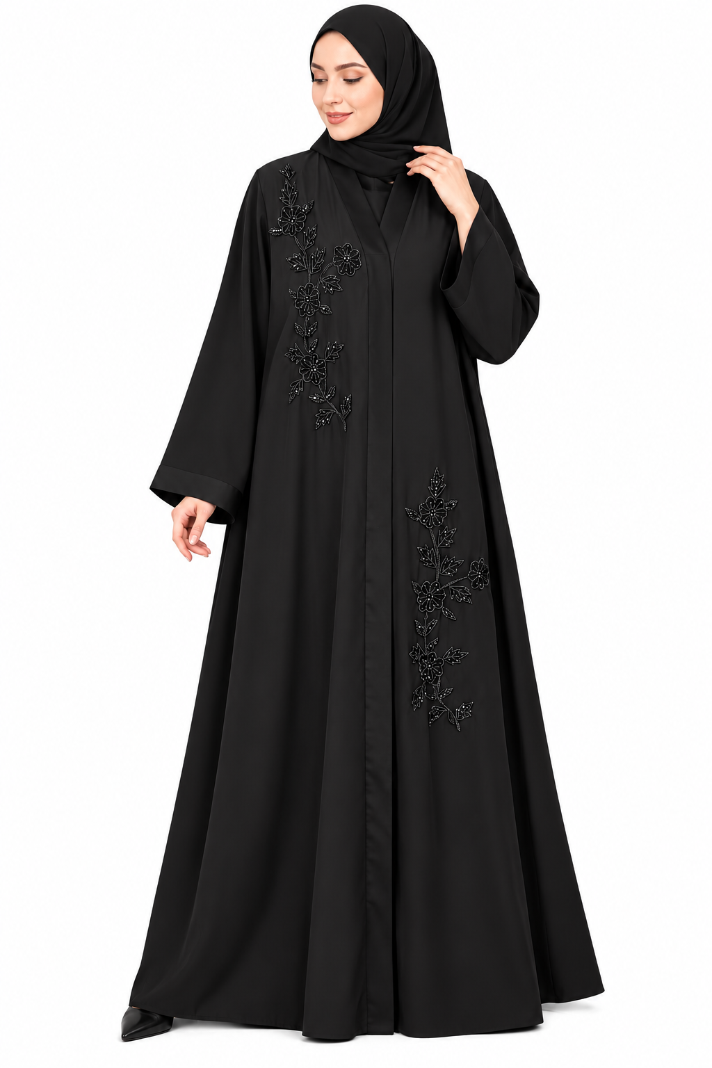 Black Floral Beaded Embroidery Abaya | Elegant Front Open Modest Wear