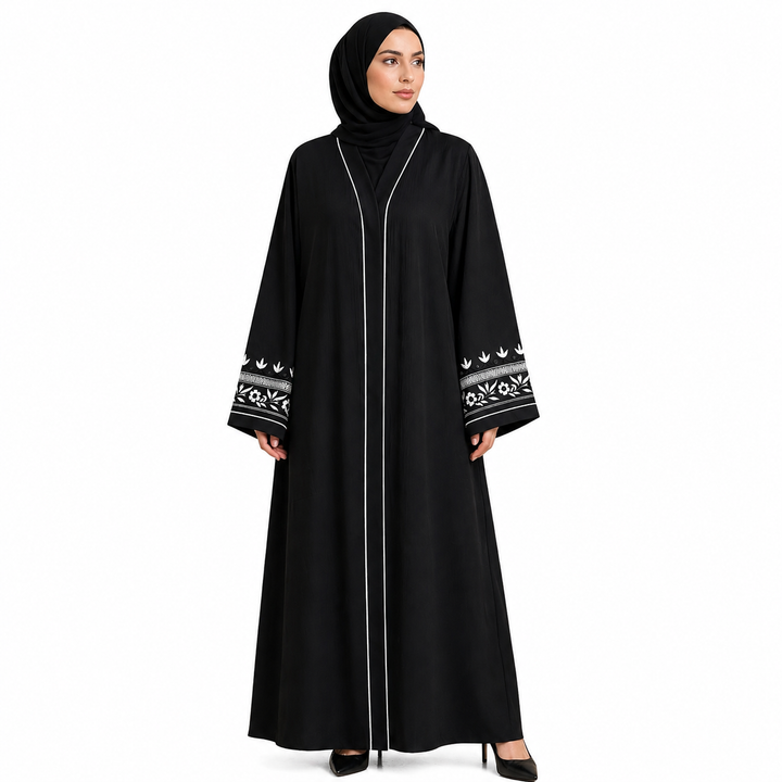 Elegant Black Abaya with White Embroidered Sleeves – Premium Zoom Fabric