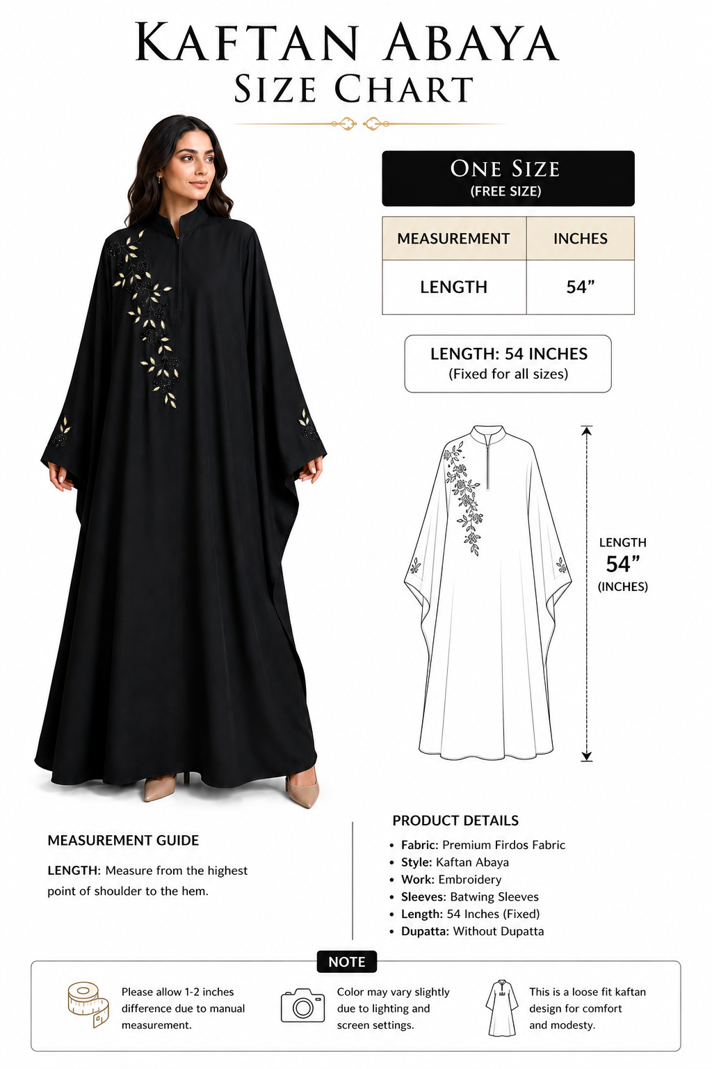 Luxury Black Handwork Kaftan Abaya for Women | Premium Firdos Fabric | Floral Beads Work Loose Fit Kaftan (Without Dupatta)