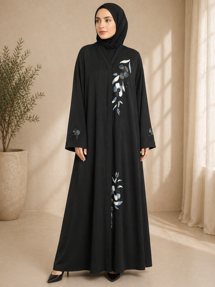 Luxury Black Floral Beaded Embroidered Abaya (Without Dupatta) | Blue &amp; White Handcrafted Designer Abaya for Women | Premium Modest Wear