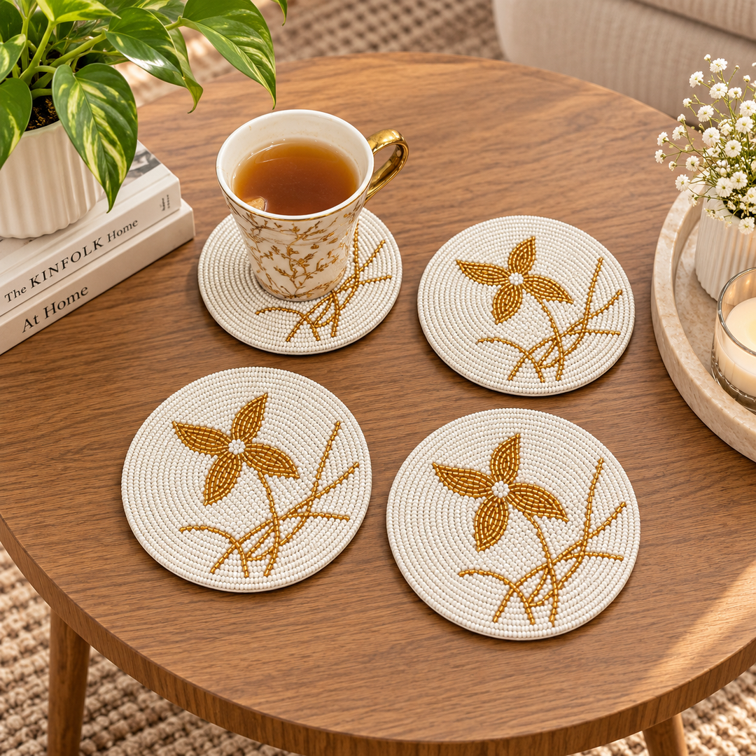 Hand Beaded Gold Leaf Coasters Set of 4