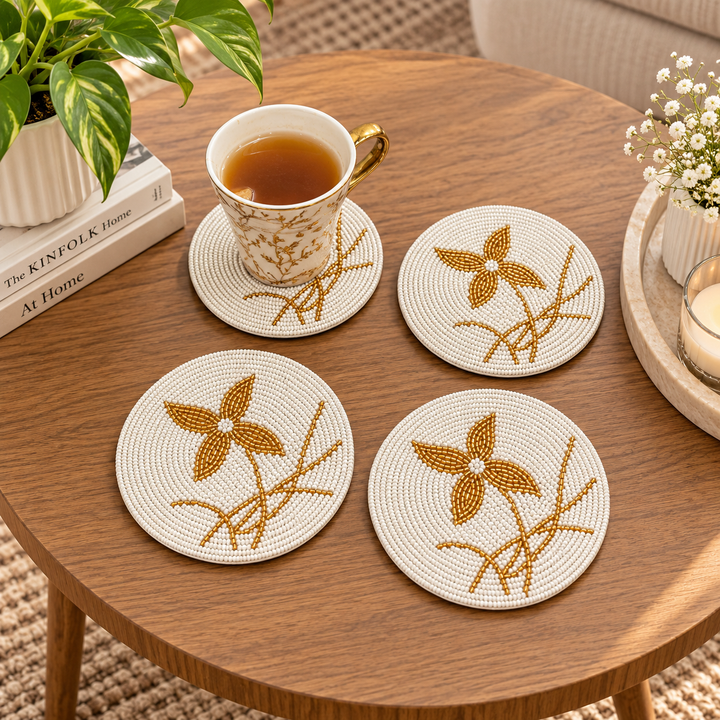 Hand Beaded Gold Leaf Coasters Set of 4