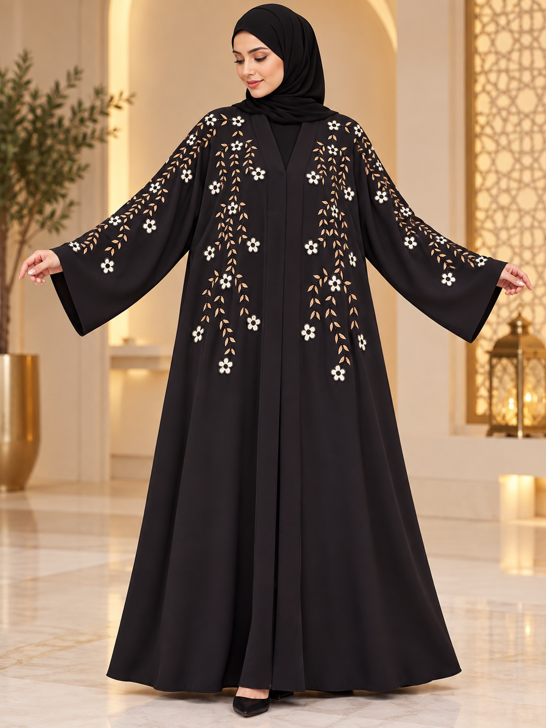 Black Floral Handwork Abaya | Elegant Front Open Embroidered Abaya