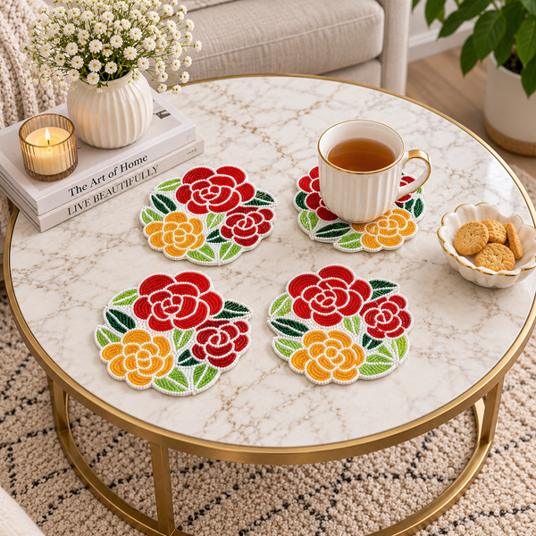 Floral Beaded Coaster Set of 4