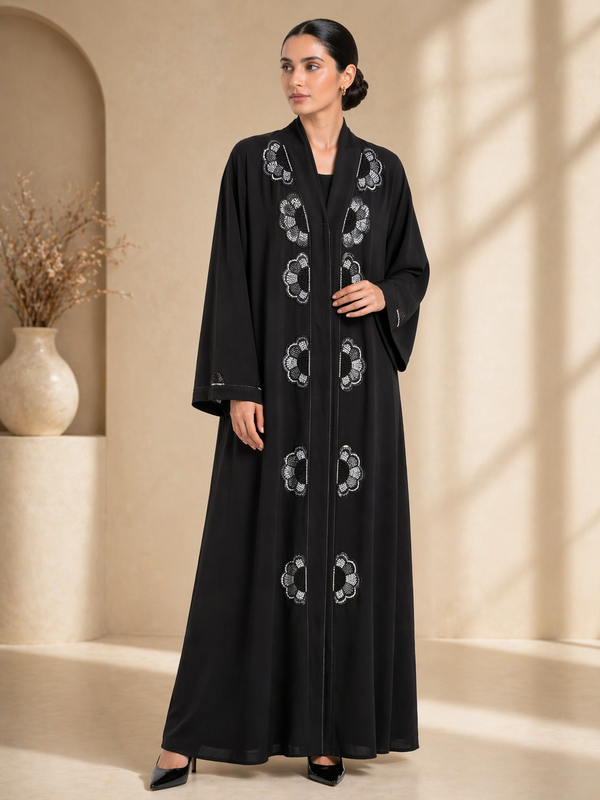 Elegant Black Floral Embroidered Abaya (Without Dupatta) | Minimal Designer Beaded Abaya for Women | Premium Modest Wear