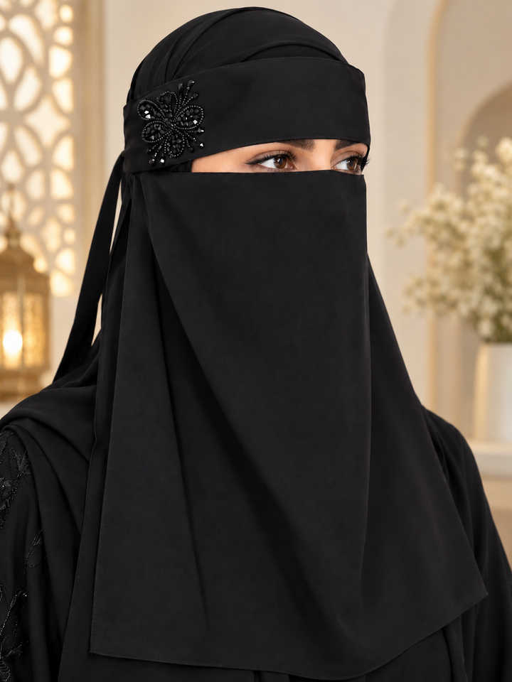 Black Beaded Butterfly Handwork Naqab – Elegant Embroidered Naqab
