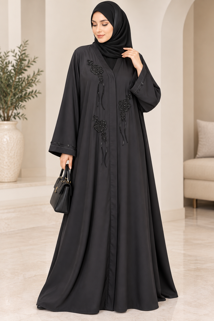 Black Nida Floral Beaded Abaya | Handmade