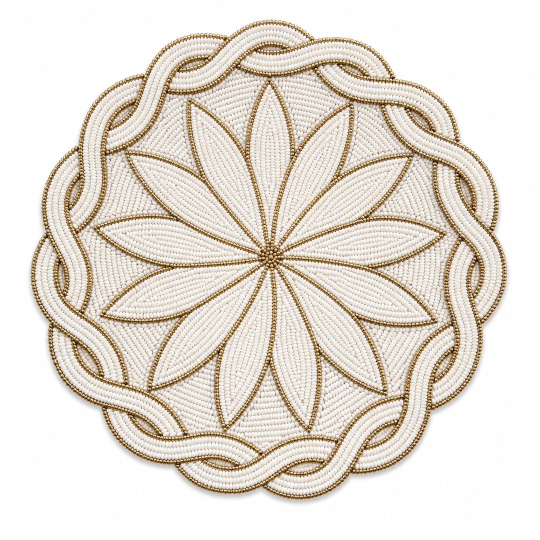 Handmade Ivory &amp; Gold Floral Beaded Placemat | Elegant Round Dining Table Mat