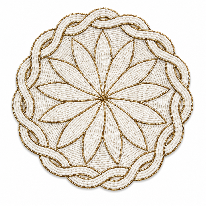 Handmade Ivory &amp; Gold Floral Beaded Placemat | Elegant Round Dining Table Mat
