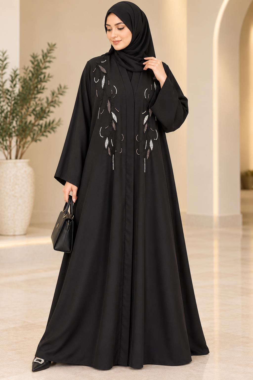 Luxury Black Nida Fabric Leaf Beaded Handwork Abaya