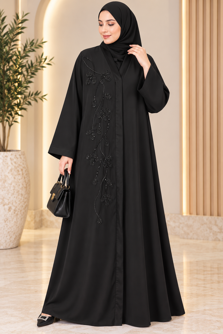 Black Nida Fabric Hand Beaded Embroidery Abaya | Elegant Open Front Islamic Abaya